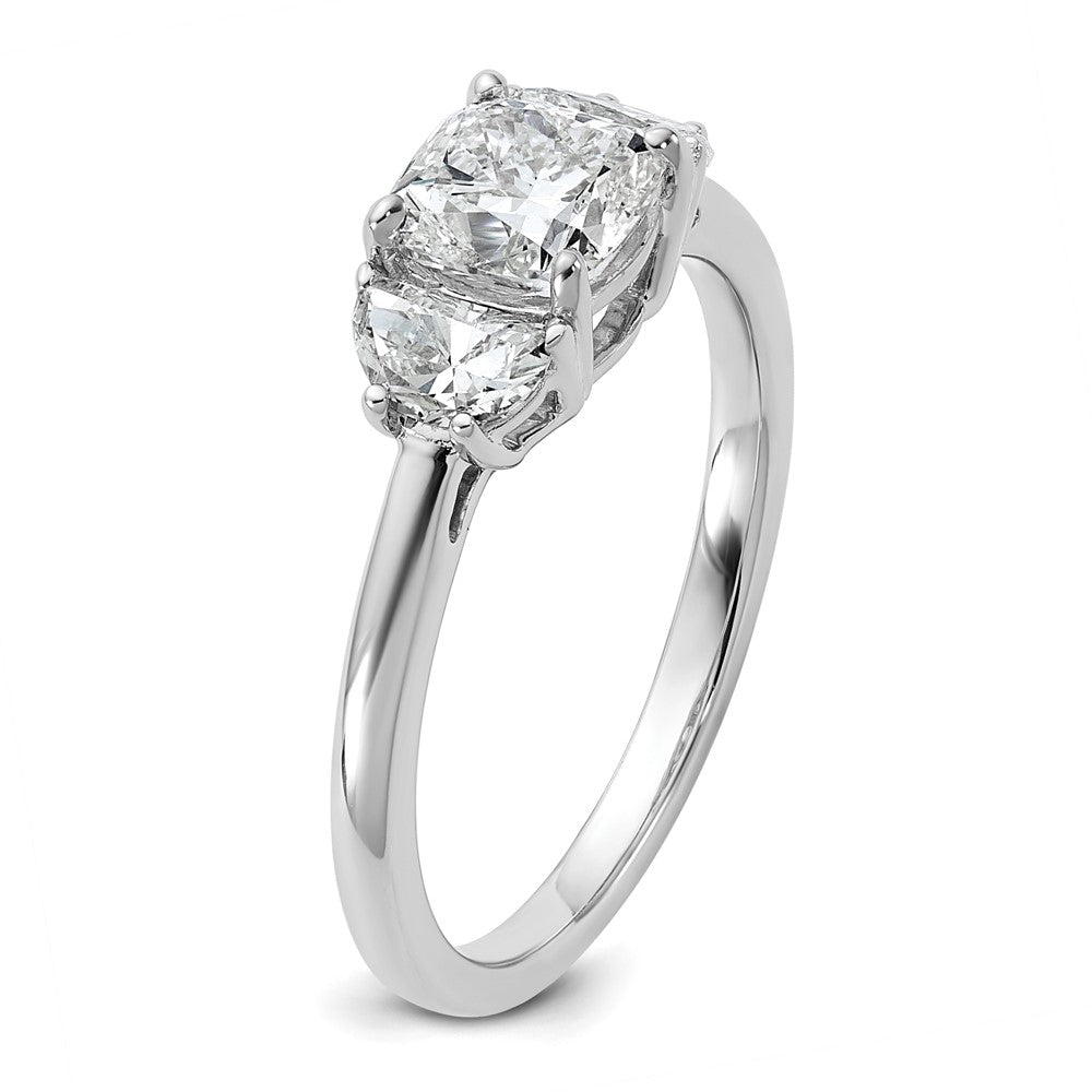 14K White Gold 3/8 carat Lab Grown Diamond VS/SI+ G+ Half Moon and 1 carat Cushion Center Semi Mount Three Stone Engagement Ring