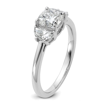 14K White Gold 3/8 carat Lab Grown Diamond VS/SI+ G+ Half Moon and 1 carat Cushion Center Semi Mount Three Stone Engagement Ring