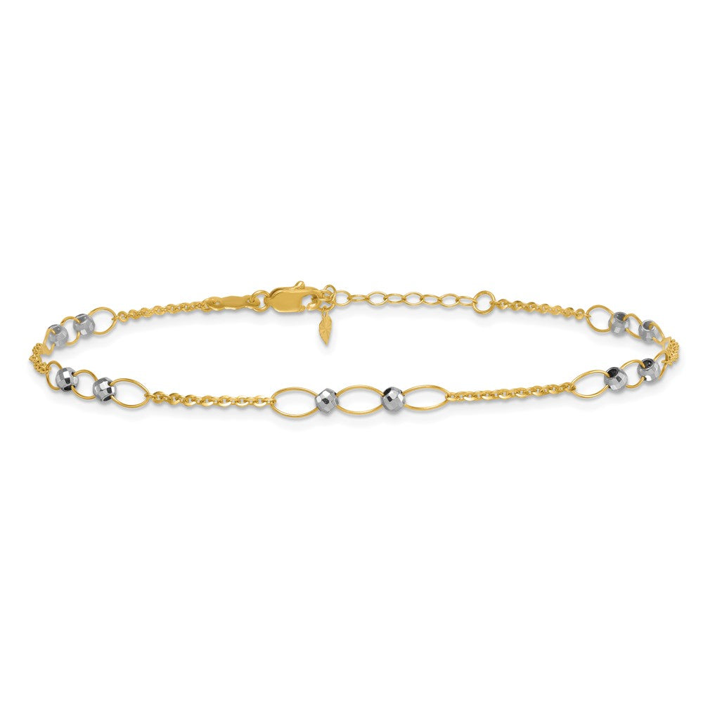 14K Two-Tone Gold Two-tone Oval Links and Mirror Beads 9 Inch Plus 1 Inch Extender - Total 10 Inch Anklet