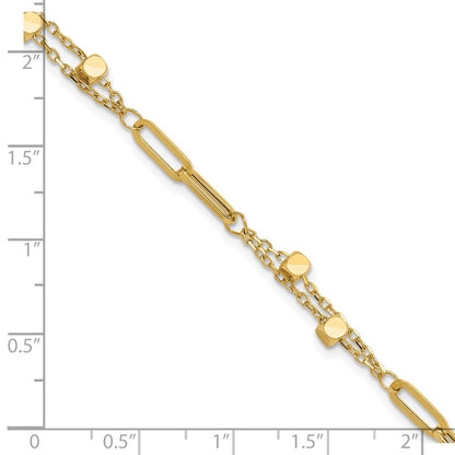 14K Yellow Gold Polished Square Beads and Paperclip Link 7 Inch Bracelet Plus 0.5 Inch Extender