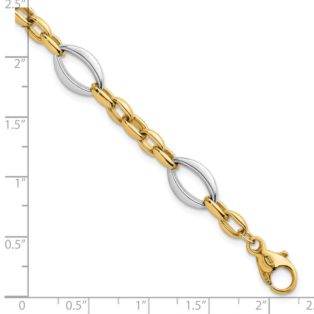 14K Two-Tone Gold Two Tone Polished Oval and Cable Chain 7.25 Inch Bracelet