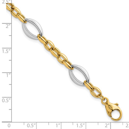 14K Two-Tone Gold Two Tone Polished Oval and Cable Chain 7.25 Inch Bracelet
