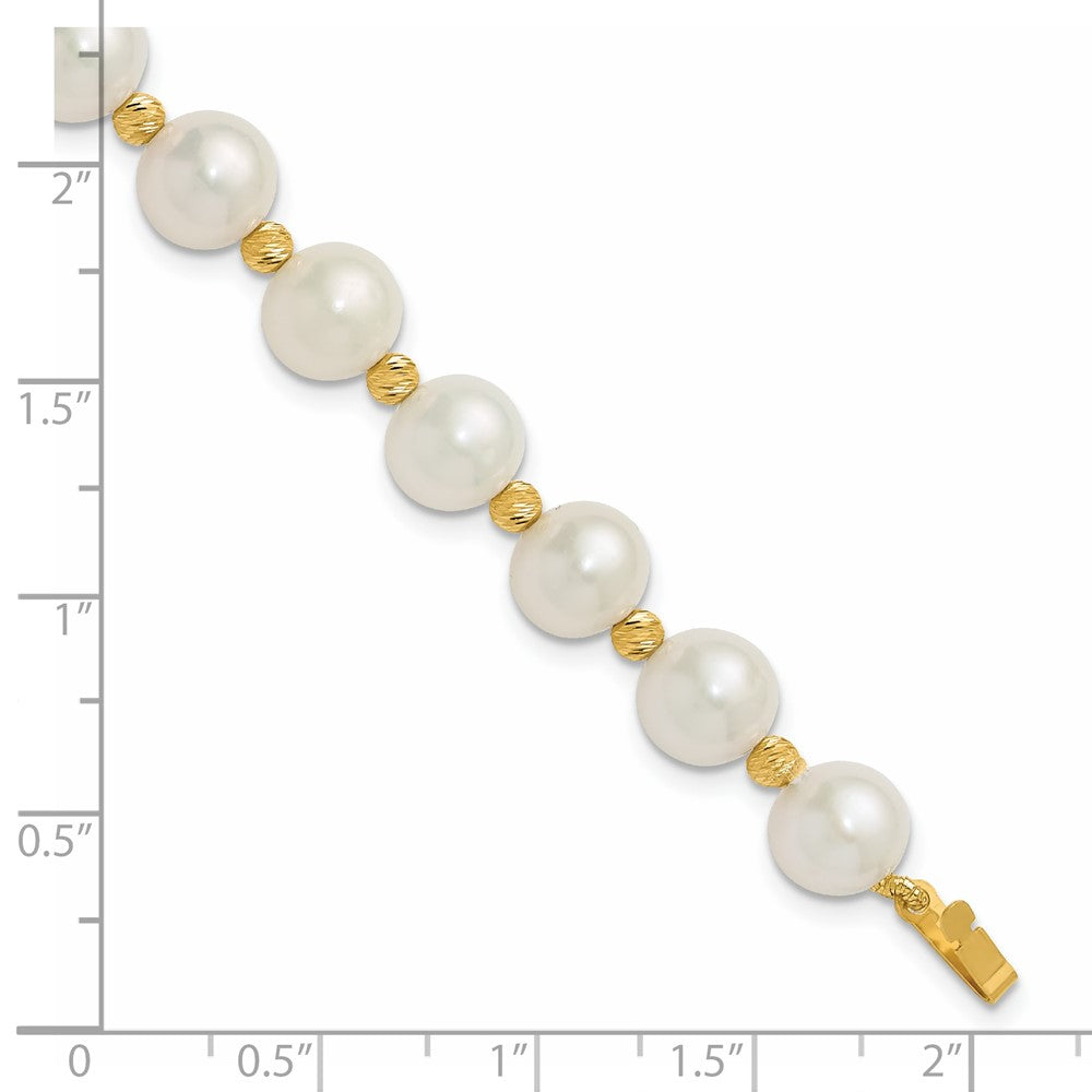 14K Yellow Gold 8-9mm Near-Round Freshwater Cultured Pearl and Diamond-cut Beaded 7.5 Inch Bracelet