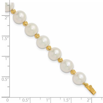 14K Yellow Gold 8-9mm Near-Round Freshwater Cultured Pearl and Diamond-cut Beaded 7.5 Inch Bracelet