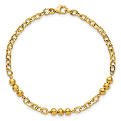 14K Yellow Gold Polished 3.5mm Fancy Beaded and Cable Link 7.5 Inch Bracelet