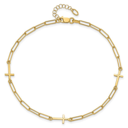 14K Yellow Gold Cross and Paperclip Link 3-Station 9 Inch Plus 1Inch Extender - Total 10 Inch Anklet