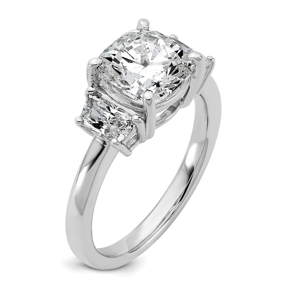 14K White Gold 3 1/8 carat Lab Grown Diamond VS+ F+ Cushion and Half Moon Complete Three Stone Engagement Ring