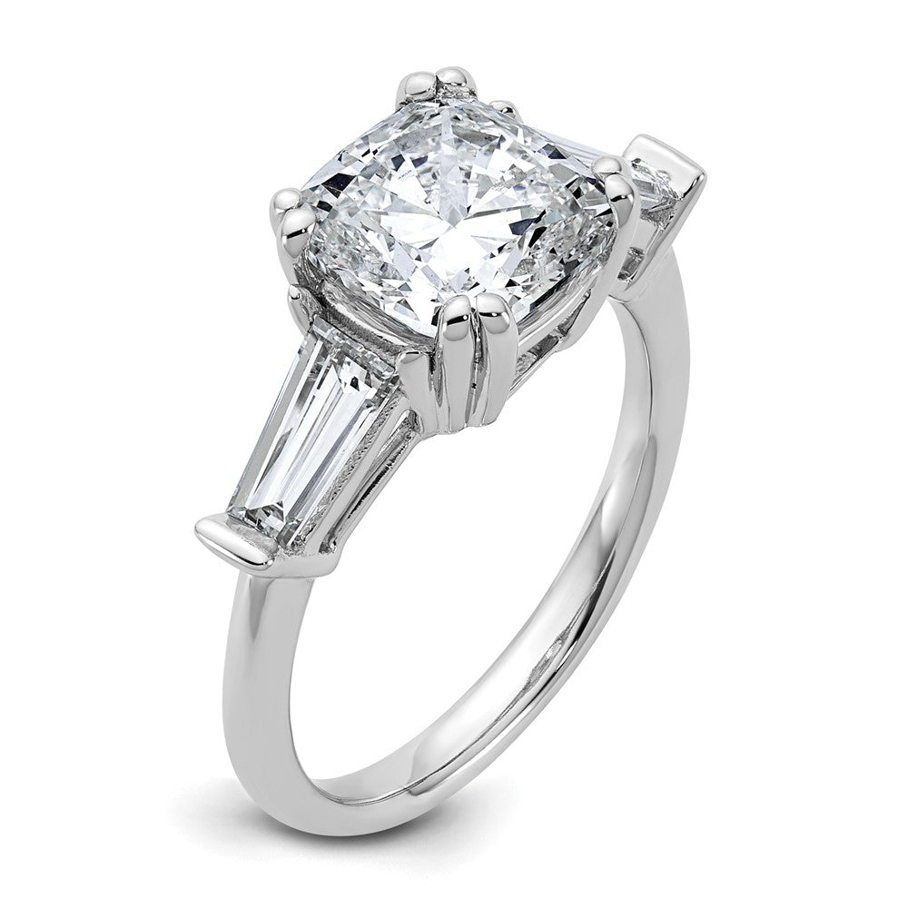 14K White Gold 3/4 carat Lab Grown Diamond VS+ F+ Tapered Baguette 3 carat Cushion Center Semi Mount Three Stone Engagement Ring