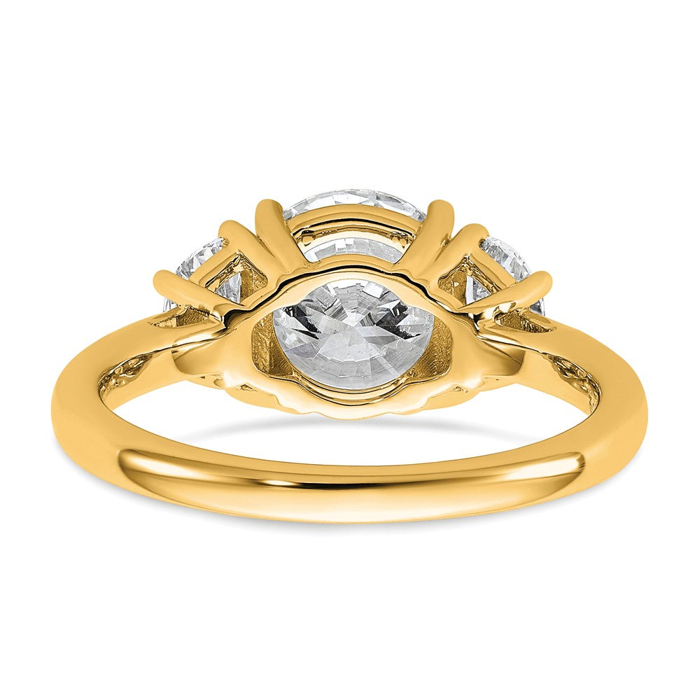 14K Yellow Gold 1/2 carat Lab Grown Diamond VS/SI+ G+ 2 carat Center Round Semi Mount Three Stone Engagement Ring