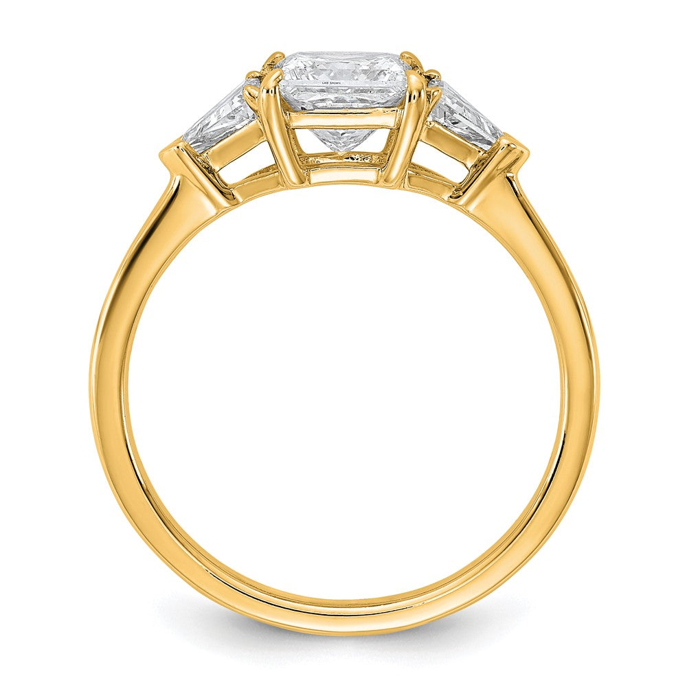 14K Yellow Gold 1/2 carat Lab Grown Diamond VS+ F+ Trillion and 1 carat Princess Center Semi Mount Three Stone Engagement Ring