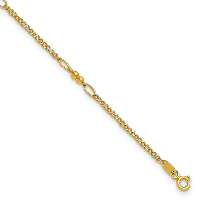 14K Yellow Gold Polished and Diamond-cut 5-Station Beaded Mixed Link 10 Inch Anklet