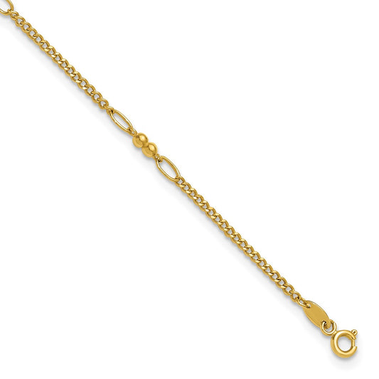 14K Yellow Gold Polished and Diamond-cut 5-Station Beaded Mixed Link 10 Inch Anklet