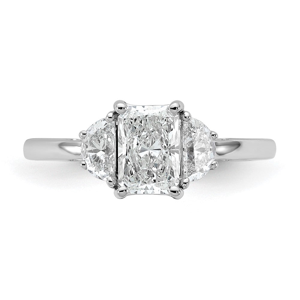 14K White Gold 1 3/8 carat Certified Lab Grown Diamond VS+ F+ Radiant and Half Moon Complete Three Stone Engagement Ring