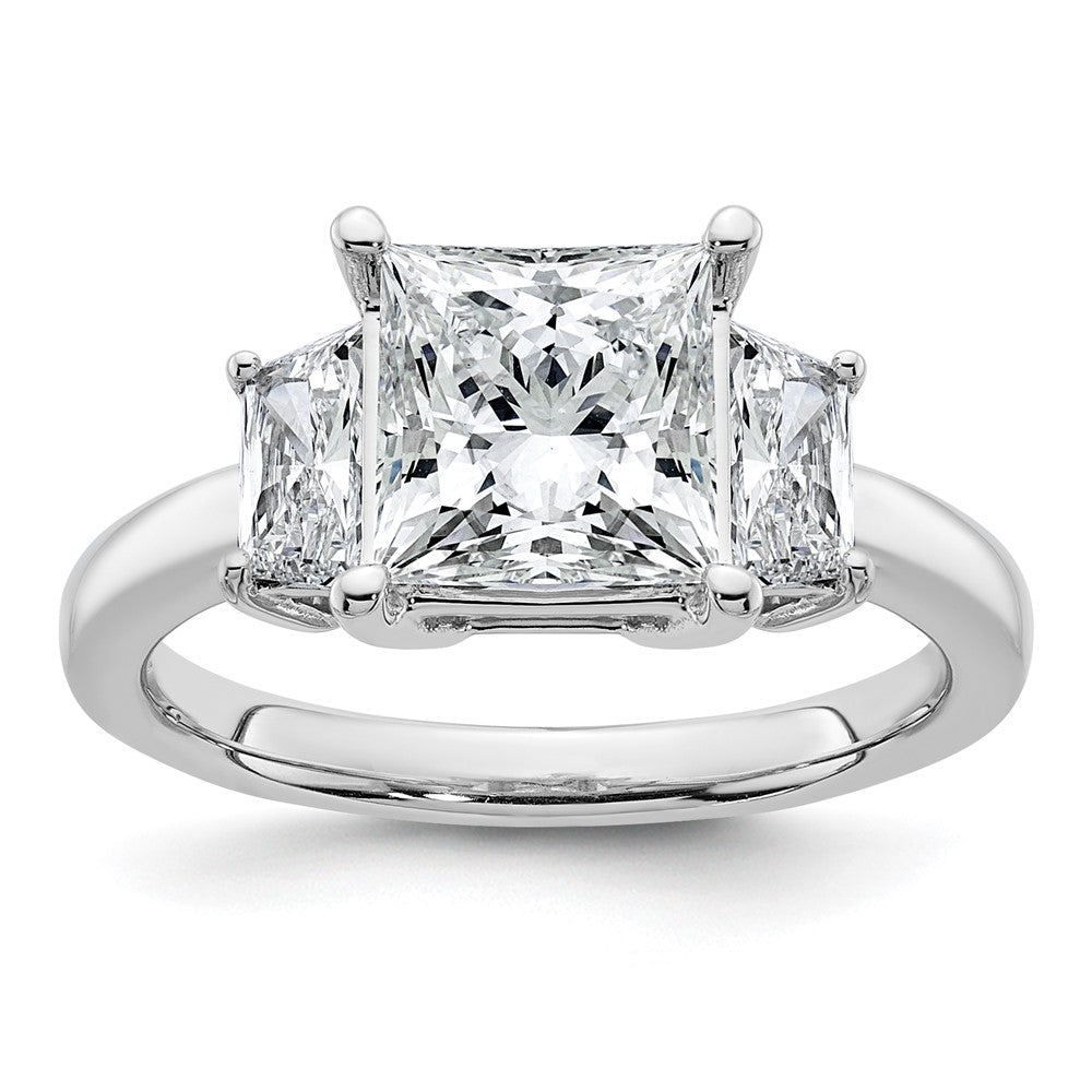14K White Gold 3 1/3 carat Lab Grown Diamond VS+ F+ Princess and Trapezoid Complete Three Stone Engagement Ring