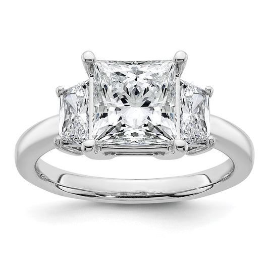 14K White Gold 3 1/3 carat Lab Grown Diamond VS+ F+ Princess and Trapezoid Complete Three Stone Engagement Ring