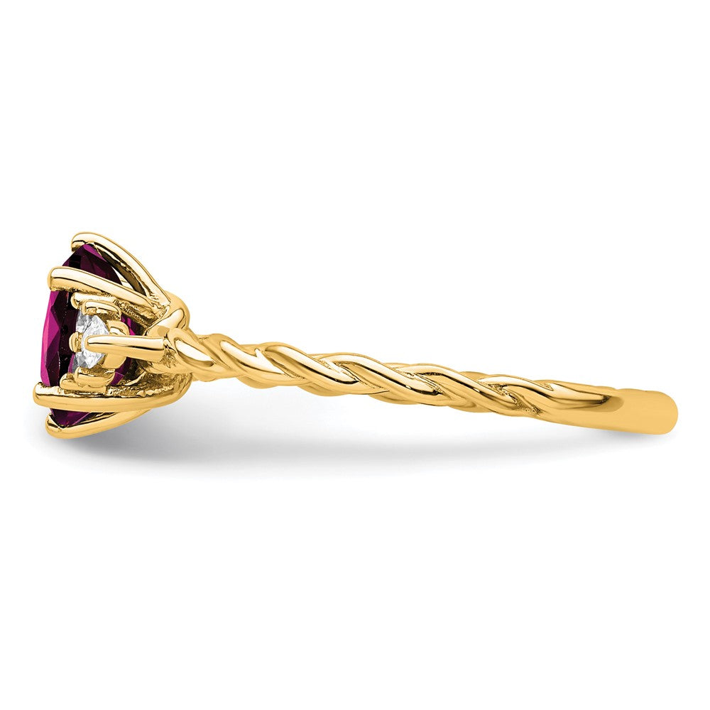 14K Yellow Gold Diamond and 7x5 Oval June/Rhodolite Garnet Size 7 Twisted Ring