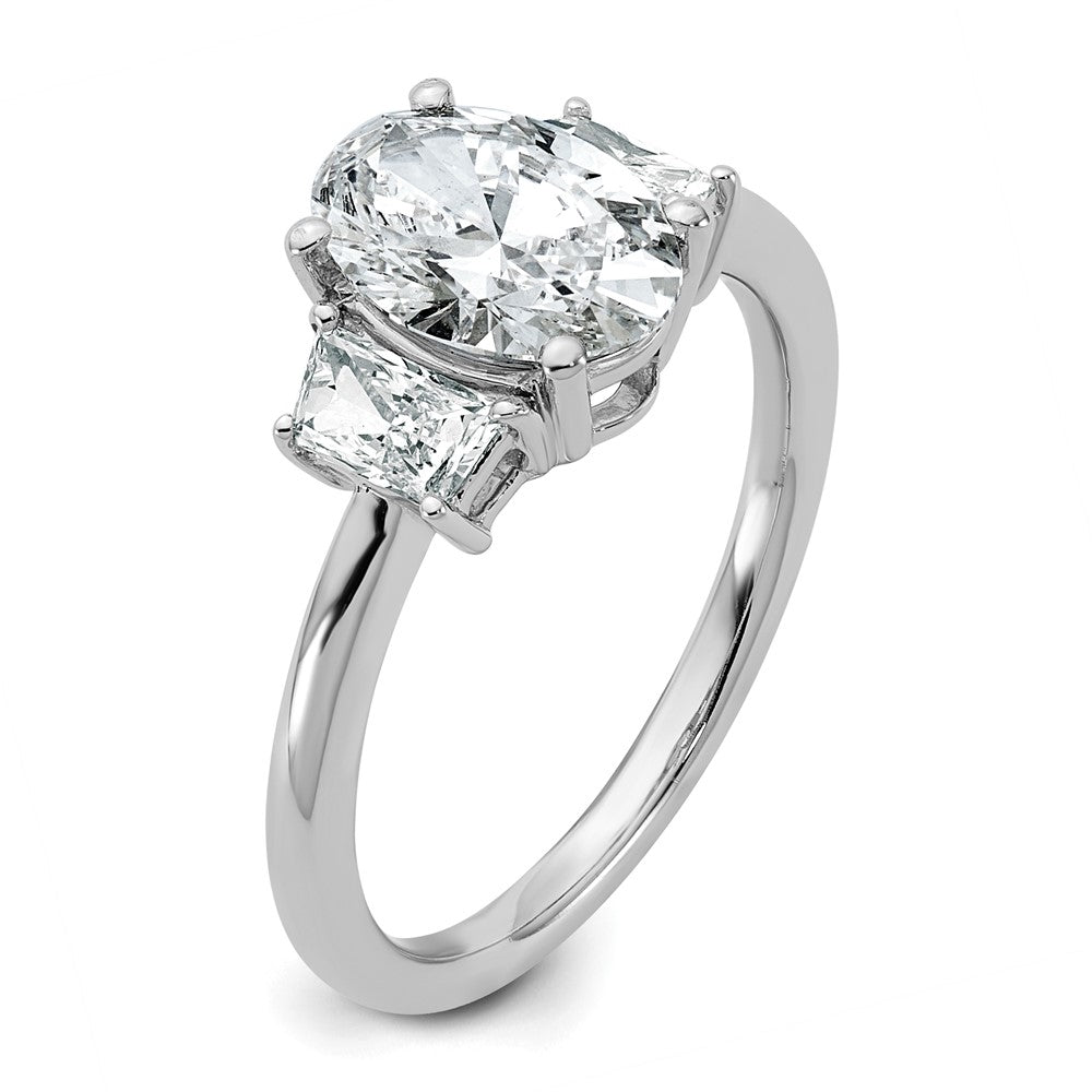 14K White Gold 1/2 carat Lab Grown Diamond VS+ F+ Trapezoid 1 1/2 carat Oval Semi Mount Three Stone Engagement Ring
