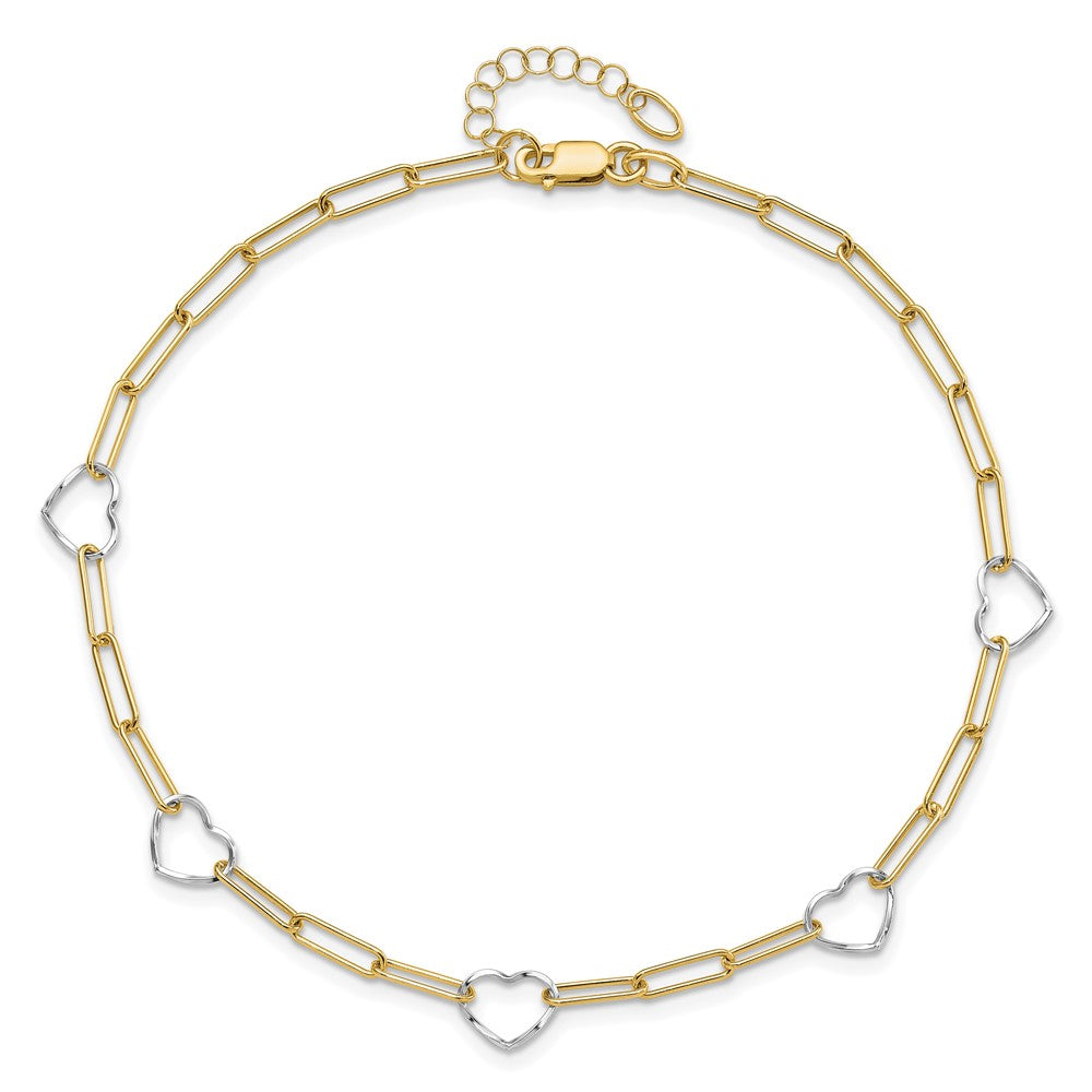 14K Two-Tone Gold Two-tone 5 Hearts and Paperclip Links 9 Inch Plus 1 Inch Extender - Total 10 Inch Anklet