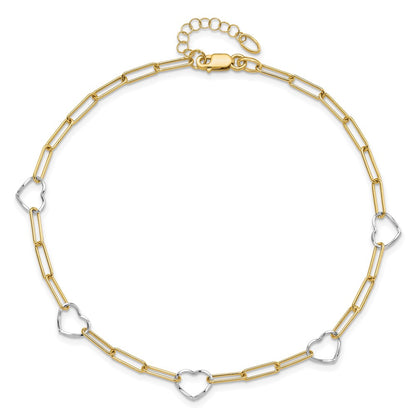 14K Two-Tone Gold Two-tone 5 Hearts and Paperclip Links 9 Inch Plus 1 Inch Extender - Total 10 Inch Anklet