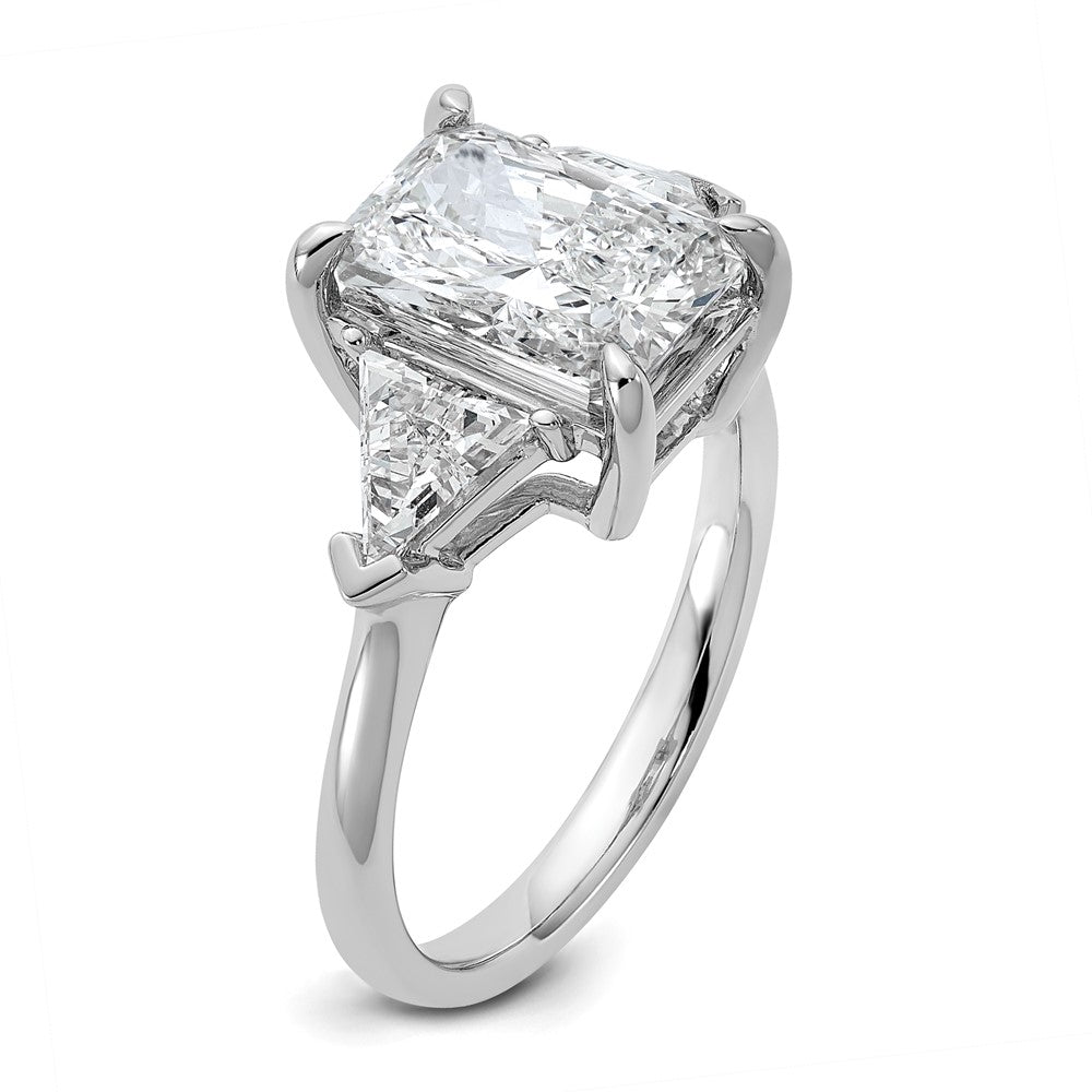 14K White Gold 5/8 carat Lab Grown Diamond VS+ F+ Triangle 3 carat Radiant Center Semi Mount Three Stone Engagement Ring