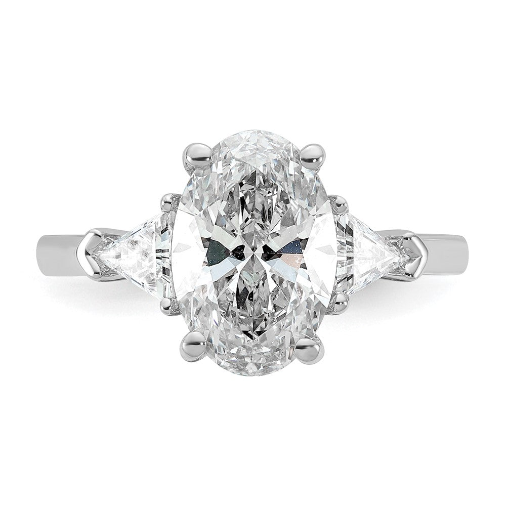14K White Gold 5/8 carat Lab Grown Diamond VS+ F+ Trillion and 2 1/2 carat Oval Center Semi Mount Three Stone Engagement Ring
