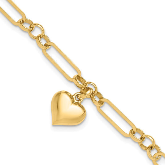 14K Yellow Gold Polished Puffed Heart Charm Dangle Figaro Link 7.5 Inch Bracelet