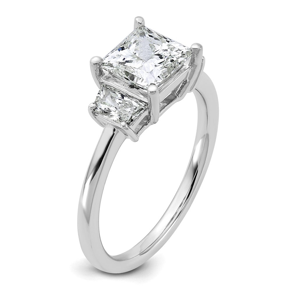 14K White Gold 1/2 carat Lab Grown Diamond VS+ F+ Trapezoid 1 1/2 carat Princess Center Semi Mount Three Stone Engagement Ring