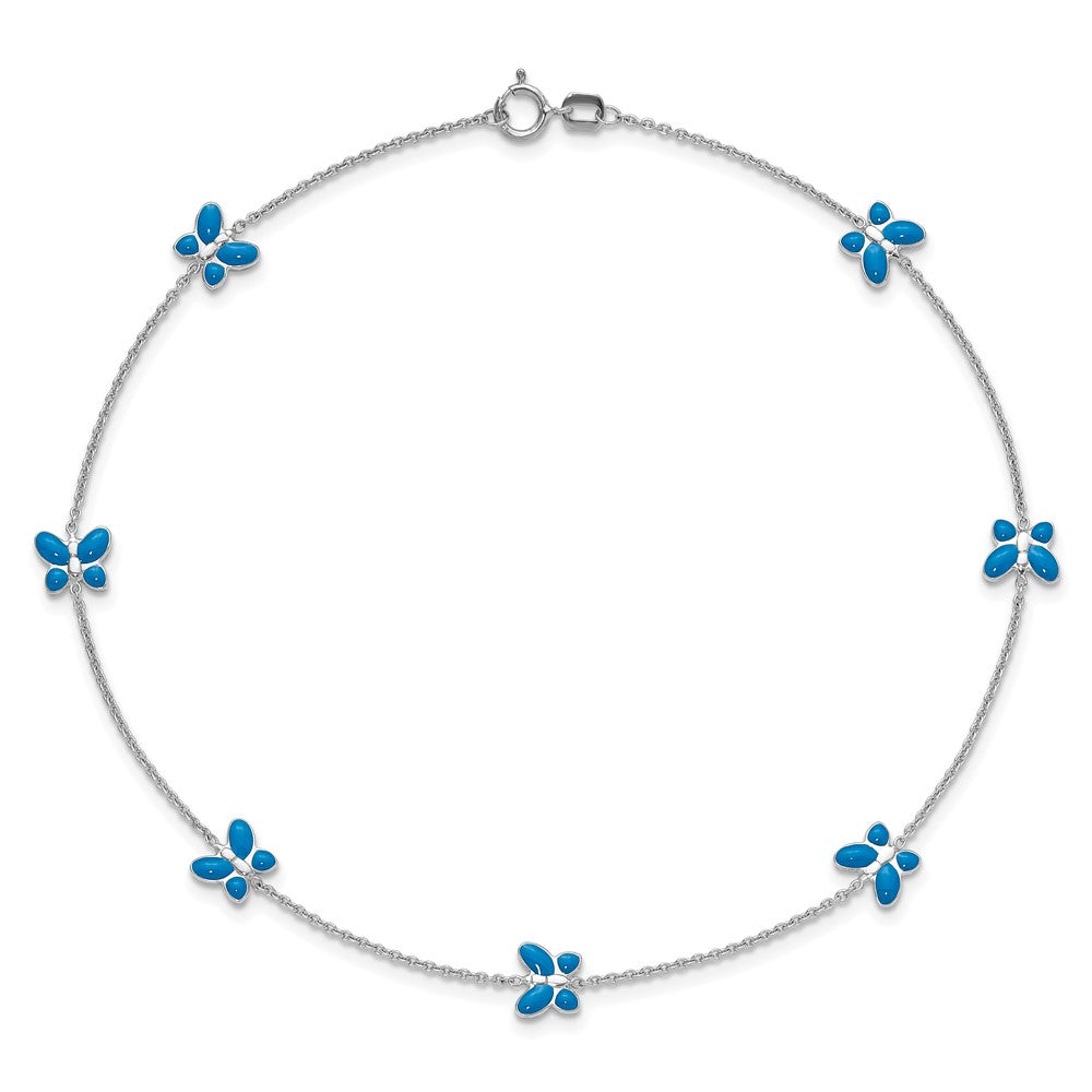 14K White Gold Blue Enameled Butterflies 7-Station 10 Inch Anklet