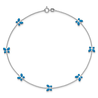 14K White Gold Blue Enameled Butterflies 7-Station 10 Inch Anklet