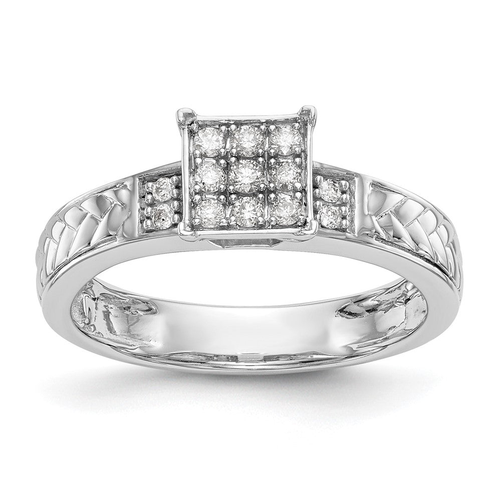 14K White Gold Square Cluster AA Quality 1/6 carat Diamond Trio Complete Engagement Ring
