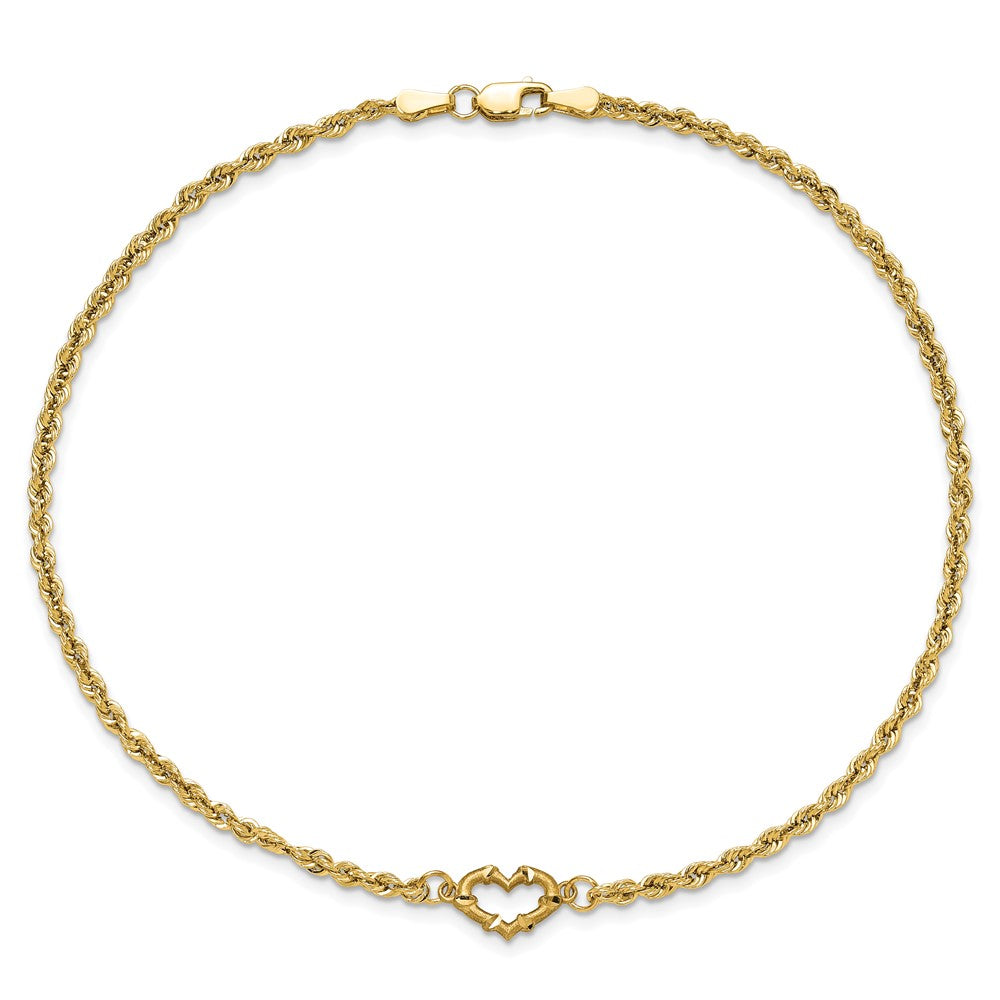 14K Yellow Gold Diamond-cut Open Heart and Rope Chain 10 Inch Anklet