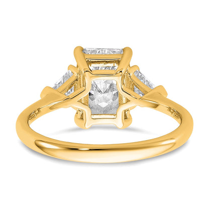 14K Yellow Gold 1/2 carat Lab Grown Diamond VS+ F+ Triangle 2 carat Radiant Center Semi Mount Three Stone Engagement Ring