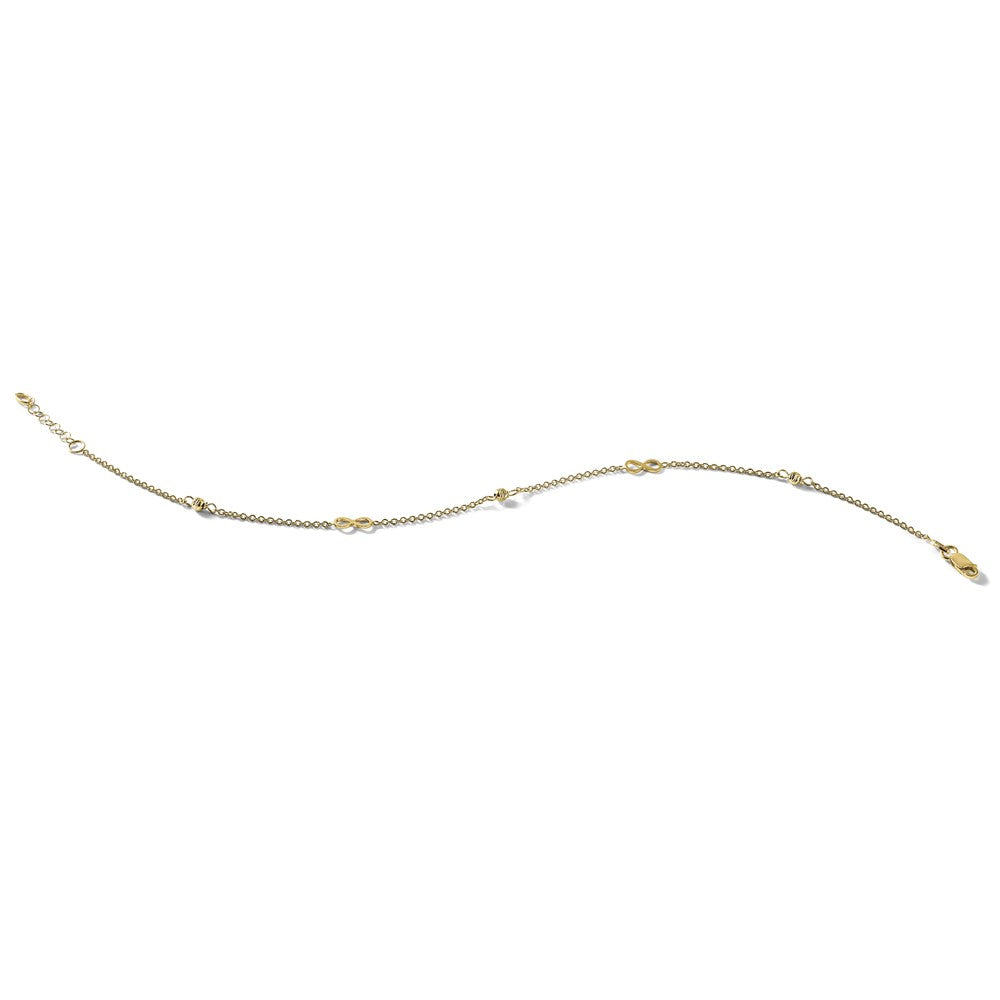 14K Yellow Gold Infinity and Diamond-cut Bead 9 Inch Plus 1 Inch Extender - Total 10 Inch Anklet