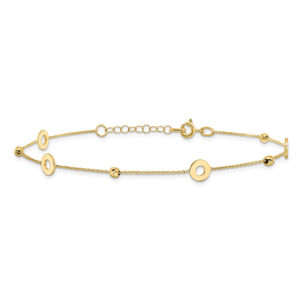 14K Yellow Gold Circles and Beads 9 Inch Plus 1 Inch Extender - Total 10 Inch Anklet