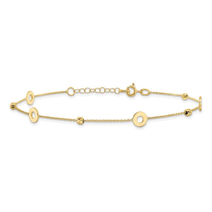 14K Yellow Gold Circles and Beads 9 Inch Plus 1 Inch Extender - Total 10 Inch Anklet