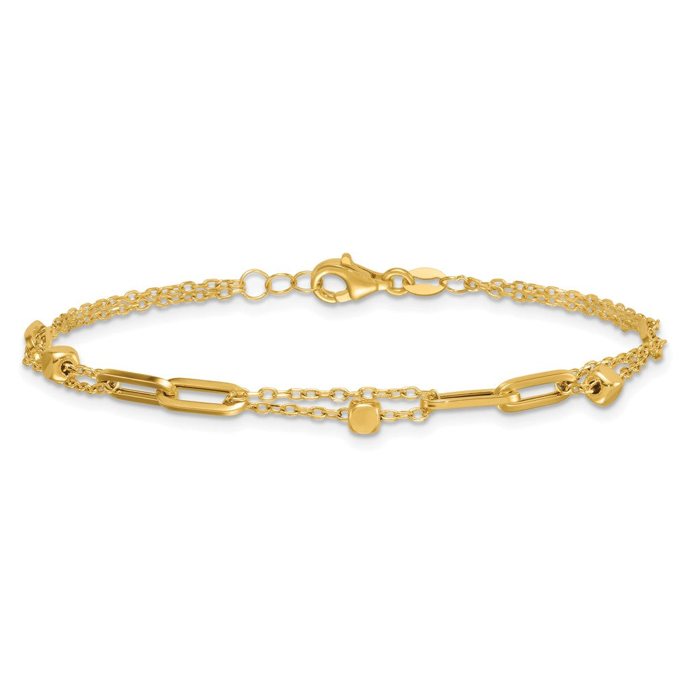 14K Yellow Gold Polished and Beaded 2-Strand with Fancy Paperclip Link 7.5 Inch Bracelet