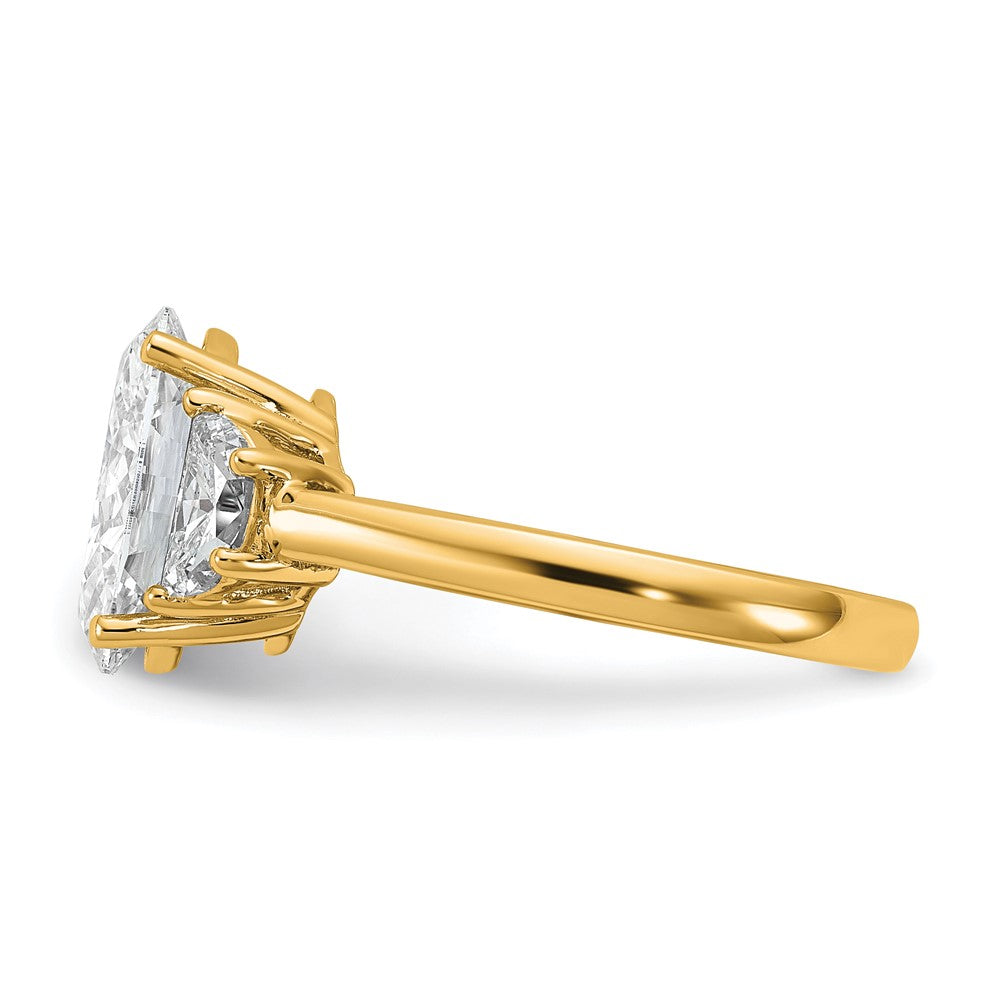 14K Yellow Gold 5/8 carat Lab Grown Diamond VS/SI+ G+ Half Moon and 2 1/2 carat Oval Center Semi Mount Three Stone Engagement Ring