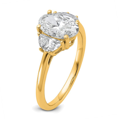14K Yellow Gold 1/2 carat Lab Grown Diamond VS+ F+ Half Moon and 1 1/2 carat Oval Center Semi Mount Three Stone Engagement Ring