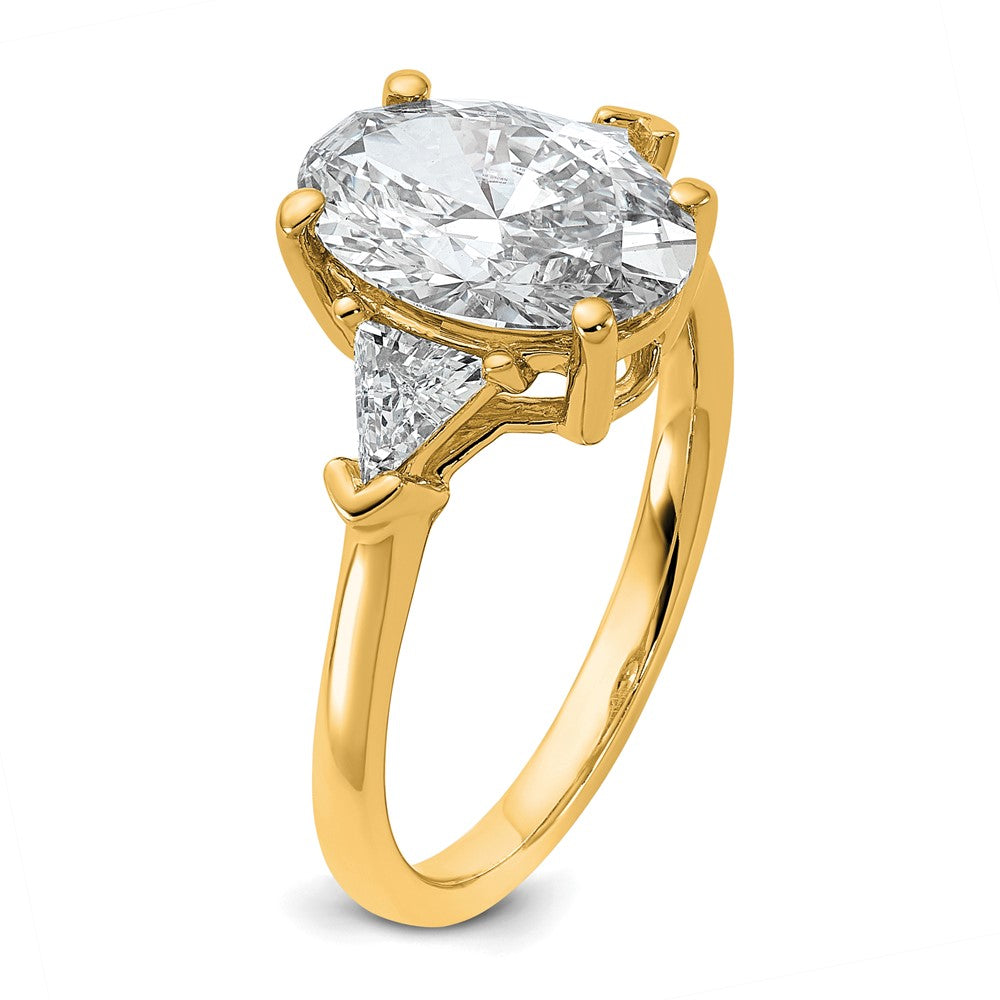 14K Yellow Gold 5/8 carat Lab Grown Diamond VS/SI+ G+ Trillion and 2 1/2 carat Oval Center Semi Mount Three Stone Engagement Ring