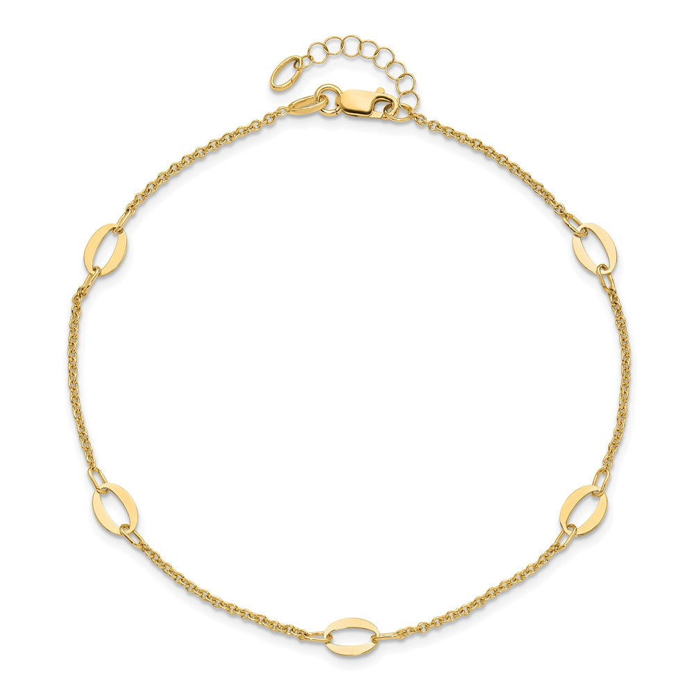 14K Yellow Gold Oval Links 5-Station 9 Inch Plus 1 Inch Extender - Total 10 Inch Anklet