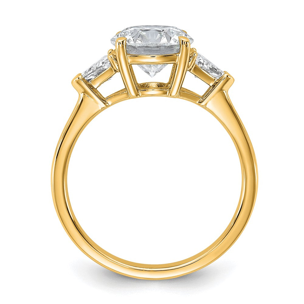 14K Yellow Gold 1/2 carat Lab Grown Diamond VS/SI+ G+ Triangle 2 carat Round Semi Mount Three Stone Engagement Ring