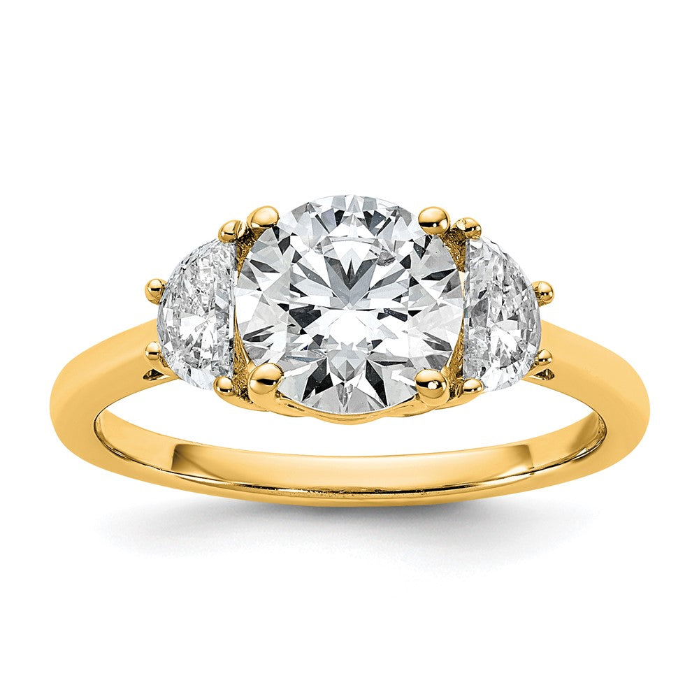 14K Yellow Gold 1/2 carat Lab Grown Diamond VS+ F+ 1 1/2 carat Center Round Semi Mount Three Stone Engagement Ring