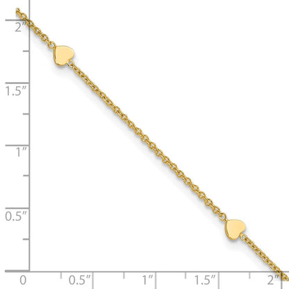14K Yellow Gold Polished Hearts 4-Station 10 Inch Plus 1 Inch Extender - Total 11 Inch Anklet