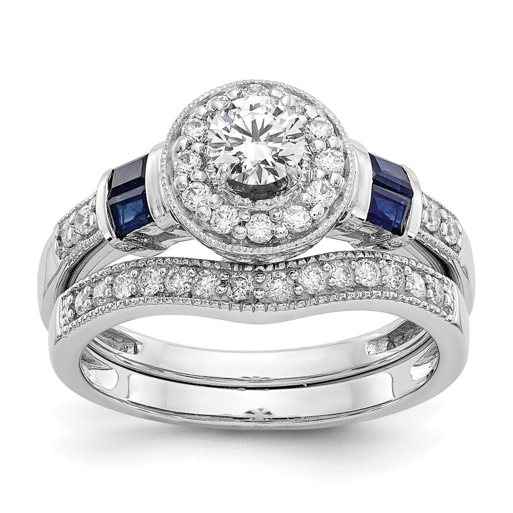 14K White Gold Halo Plus (Holds 3/8 carat (4.5mm) Round Center) 1/5 carat Diamond and Sapphire Semi-Mount Engagement Ring