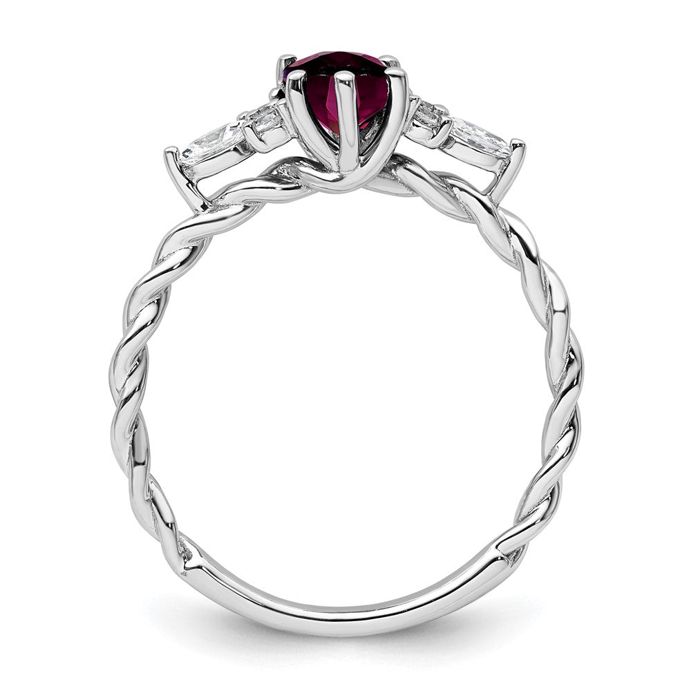 14K White Gold Diamond and 7x5 Oval June/Rhodolite Garnet Size 7 Twisted Ring