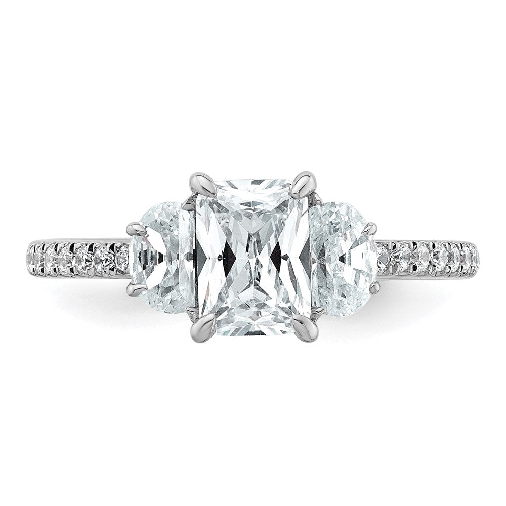 14K White Gold 3/4 carat Lab Grown Diamond VS+ F+Half Moon 1 carat Center Radiant Semi Mount Three Stone Engagement Ring
