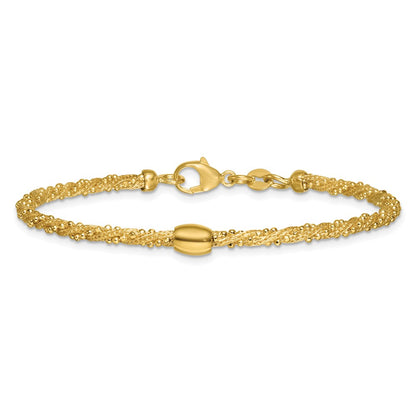 14K Yellow Gold Polished and Textured Twisted with Bead 7.25 Inch Bracelet