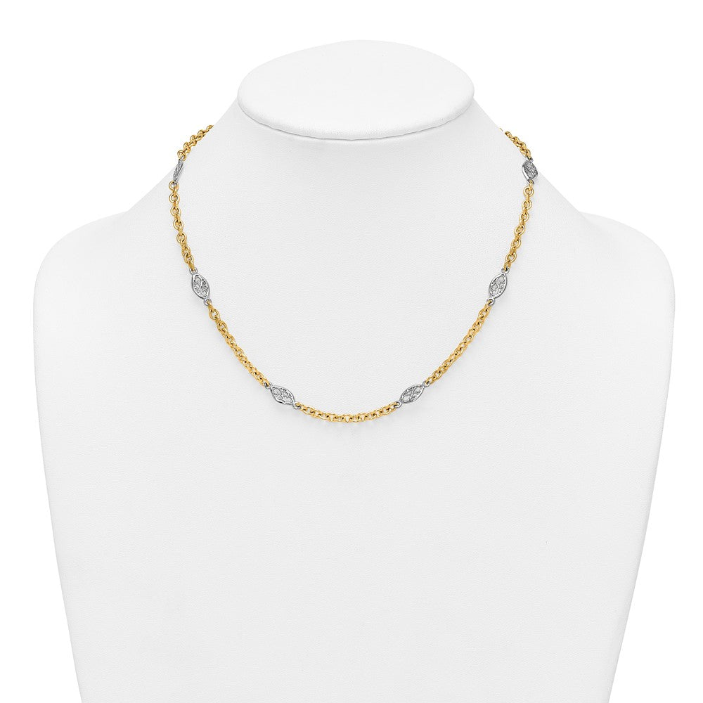 14K Two-Tone Gold Two-tone Polished 6.5mm Fancy Cable Chain and Filigree Oval 18 Inch Necklace