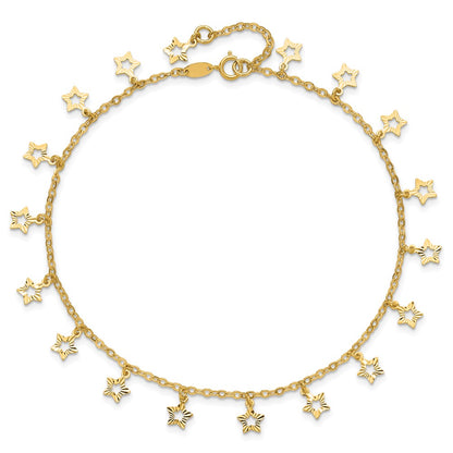 14K Yellow Gold Polished and Textured Dangle Stars 9 Inch Plus 1 Inch Star Dangle Extender - Total 10 Inch Anklet