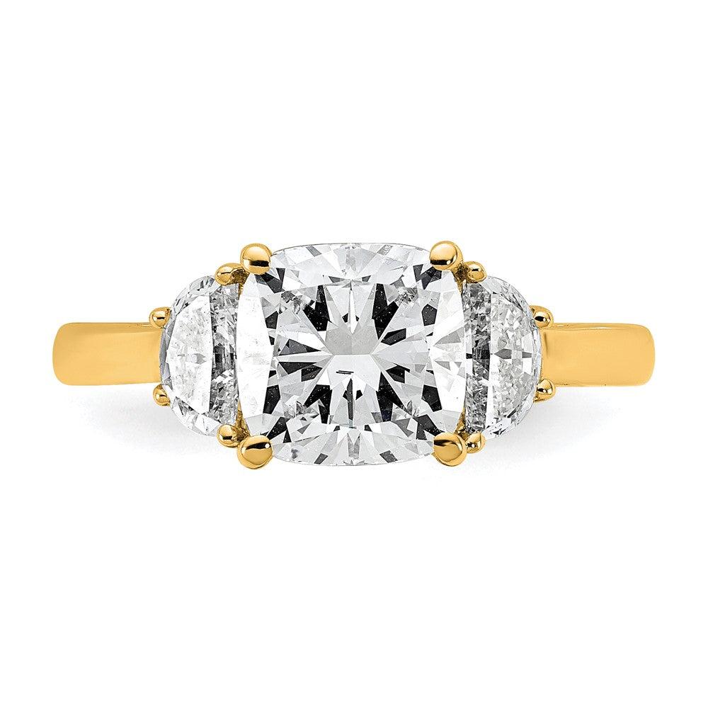 14K Yellow Gold 1/2 carat Lab Grown Diamond VS/SI+ G+ Half Moon and 2 carat Cushion Center Semi Mount Three Stone Engagement Ring